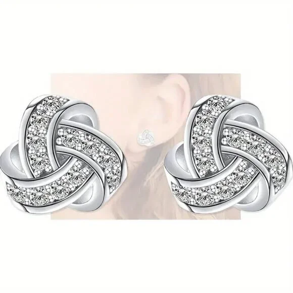 CZ and Silver Tone Bling Knot Stud Earrings #1456 - Picture 3 of 6